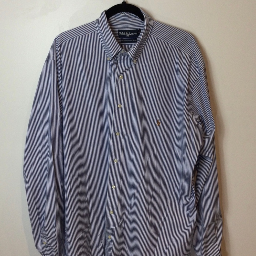POLO RALPH LAUREN BLUE WHITE STRIPED COTTON PINPOINT OXFORD EUC SZ 17 TALL